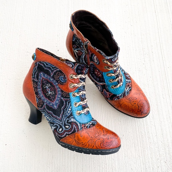 Socofy Shoes - Socofy Retro Tapestry Splicing Ankle Boot